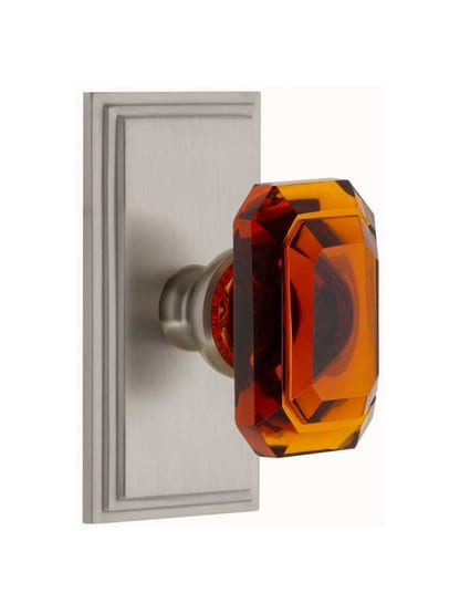 Grandeur Carre Rosette Door Set with Amber Crystal-Glass Baguette Knobs in Satin Nickel.